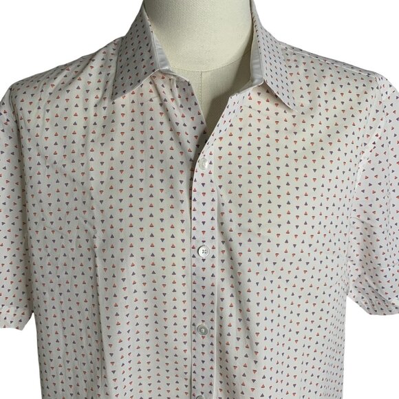 Zachary Prell Button Up Short Sleeve Shirt L White Triangles Cotton Stretch - Picture 2 of 6